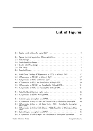 List of Figures
1-1 Capital cost breakdown for typical OWF. . . . . . . . . . . . . . . . . . . . . . . 2
2-1 Typical electrical layout of an Oﬀshore Wind Farm. . . . . . . . . . . . . . . . . 5
2-2 Radial Design. . . . . . . . . . . . . . . . . . . . . . . . . . . . . . . . . . . . . 7
2-3 Single-Sided Ring Design. . . . . . . . . . . . . . . . . . . . . . . . . . . . . . . 7
2-4 Double-Sided Ring Design. . . . . . . . . . . . . . . . . . . . . . . . . . . . . . 8
2-5 Star Design. . . . . . . . . . . . . . . . . . . . . . . . . . . . . . . . . . . . . . 8
2-6 Branched Design. . . . . . . . . . . . . . . . . . . . . . . . . . . . . . . . . . . 9
4-1 Inﬁeld Cable Topology (ICT) generated by POS1 for Walney1 OWF. . . . . . . . 17
4-2 ICT generated by POS1(-) for Walney1 OWF. . . . . . . . . . . . . . . . . . . . 17
4-3 ICT generated by POS2 for Walney1 OWF. . . . . . . . . . . . . . . . . . . . . 19
4-4 ICT generated by POS1 and RouteOpt for Walney1 OWF. . . . . . . . . . . . . 20
4-5 ICT generated by POS1(-) and RouteOpt for Walney1 OWF. . . . . . . . . . . . 21
4-6 ICT generated by POS2 and RouteOpt for Walney1 OWF. . . . . . . . . . . . . 21
5-1 Radial (left) and Branched (right) routes. . . . . . . . . . . . . . . . . . . . . . 26
5-2 ICT generated by EW for Walney1 OWF. . . . . . . . . . . . . . . . . . . . . . 28
6-1 Installed Layout Sheringham Shoal OWF. . . . . . . . . . . . . . . . . . . . . . 29
6-2 ICT generated by High to Low Cable Choice - EW for Sheringham Shoal OWF. . 30
6-3 ICT generated by Low to High Cable Choice - POS1+RouteOpt for Sheringham
Shoal OWF. . . . . . . . . . . . . . . . . . . . . . . . . . . . . . . . . . . . . . 31
6-4 ICT generated by Online Cable Choice - POS2+RouteOpt for Sheringham Shoal
OWF. . . . . . . . . . . . . . . . . . . . . . . . . . . . . . . . . . . . . . . . . 33
6-5 Optimal Layout Sheringham Shoal OWF. . . . . . . . . . . . . . . . . . . . . . 34
6-6 ICT generated by Low to High Cable Choice EW for Sheringham Shoal OWF. . . 35
Master of Science Thesis Georgios Katsouris
 