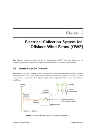 Chapter 2
Electrical Collection System for
Oﬀshore Wind Farms (OWF)
This Chapter gives an overview of the electrical system of OWF and then focuses on the
collection system by presenting its conceptual designs and the design requirements.
2-1 Electrical System Overview
The electrical system for OWF usually consists of a medium-voltage electrical collection grid
within the wind farm and a high-voltage electrical transmission system to deliver the power
to an onshore transmission line. Figure 2-1 presents a typical electrical layout of an oﬀshore
wind farm.
Figure 2-1: Typical electrical layout of an oﬀshore wind farm [7].
Master of Science Thesis Georgios Katsouris
 