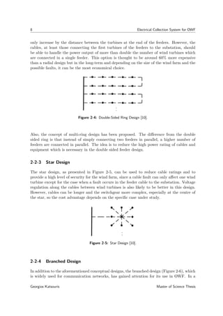 8 Electrical Collection System for OWF
only increase by the distance between the turbines at the end of the feeders. However, the
cables, at least those connecting the ﬁrst turbines of the feeders to the substation, should
be able to handle the power output of more than double the number of wind turbines which
are connected in a single feeder. This option is thought to be around 60% more expensive
than a radial design but in the long-term and depending on the size of the wind farm and the
possible faults, it can be the most economical choice.
Figure 2-4: Double-Sided Ring Design [10].
Also, the concept of multi-ring design has been proposed. The diﬀerence from the double
sided ring is that instead of simply connecting two feeders in parallel, a higher number of
feeders are connected in parallel. The idea is to reduce the high power rating of cables and
equipment which is necessary in the double sided feeder design.
2-2-3 Star Design
The star design, as presented in Figure 2-5, can be used to reduce cable ratings and to
provide a high level of security for the wind farm, since a cable fault can only aﬀect one wind
turbine except for the case when a fault occurs in the feeder cable to the substation. Voltage
regulation along the cables between wind turbines is also likely to be better in this design.
However, cables can be longer and the switchgear more complex, especially at the centre of
the star, so the cost advantage depends on the speciﬁc case under study.
Figure 2-5: Star Design [10].
2-2-4 Branched Design
In addition to the aforementioned conceptual designs, the branched design (Figure 2-6), which
is widely used for communication networks, has gained attention for its use in OWF. In a
Georgios Katsouris Master of Science Thesis
 