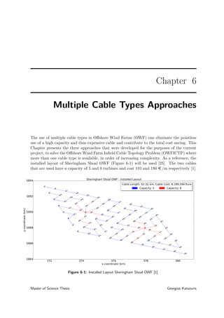 Chapter 6
Multiple Cable Types Approaches
The use of multiple cable types in Oﬀshore Wind Farms (OWF) can eliminate the pointless
use of a high capacity and thus expensive cable and contribute to the total cost saving. This
Chapter presents the three approaches that were developed for the purposes of the current
project, to solve the Oﬀshore Wind Farm Inﬁeld Cable Topology Problem (OWFICTP) where
more than one cable type is available, in order of increasing complexity. As a reference, the
installed layout of Sheringham Shoal OWF (Figure 6-1) will be used [25]. The two cables
that are used have a capacity of 5 and 8 turbines and cost 110 and 180 e /m respectively [1].
372 374 376 378 380
x-coordinate (km)
5884
5886
5888
5890
5892
5894
y-coordinate(km)
0
24
31
1
2
3
4
5
6
7
8
9
10
11
12
13
14
15
16
17
18
19
20
21
22
23
25
26
27
28
29
30
33
34
35
36
37
41
42
43
44
49
50
51
57
0
32
38
39
40
46
47
48
53
54
55
56
59
60
61
62
63
64
66
67
68
69
70
71
72
73
74
75
76
77
78
79
80
81
82
83
84
85
86
87
88
45
52
58
65
Sheringham Shoal OWF - Installed Layout
Cable Length: 62.32 km, Cable Cost: 8,189,394 Euro
Capacity: 5 Capacity: 8
Cable Length: 62.32 km, Cable Cost: 8,189,394 Euro
Capacity: 5 Capacity: 8
Figure 6-1: Installed Layout Sheringham Shoal OWF [1].
Master of Science Thesis Georgios Katsouris
 