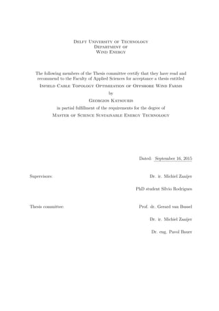 Delft University of Technology
Department of
Wind Energy
The following members of the Thesis committee certify that they have read and
recommend to the Faculty of Applied Sciences for acceptance a thesis entitled
Infield Cable Topology Optimization of Offshore Wind Farms
by
Georgios Katsouris
in partial fulﬁllment of the requirements for the degree of
Master of Science Sustainable Energy Technology
Dated: September 16, 2015
Supervisors: Dr. ir. Michiel Zaaijer
PhD student Sílvio Rodrigues
Thesis committee: Prof. dr. Gerard van Bussel
Dr. ir. Michiel Zaaijer
Dr. eng. Pavol Bauer
 