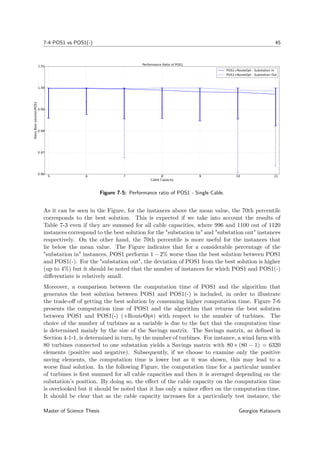 7-4 POS1 vs POS1(-) 45
5 6 7 8 9 10 11
Cable Capacity
0.96
0.97
0.98
0.99
1.00
1.01
RatioBestsolution/POS1
Performance Ratio of POS1
POS1+RouteOpt - Substation In
POS1+RouteOpt - Substation Out
Figure 7-5: Performance ratio of POS1 - Single Cable.
As it can be seen in the Figure, for the instances above the mean value, the 70th percentile
corresponds to the best solution. This is expected if we take into account the results of
Table 7-3 even if they are summed for all cable capacities, where 996 and 1100 out of 1120
instances correspond to the best solution for the "substation in" and "substation out" instances
respectively. On the other hand, the 70th percentile is more useful for the instances that
lie below the mean value. The Figure indicates that for a considerable percentage of the
"substation in" instances, POS1 performs 1 − 2% worse than the best solution between POS1
and POS1(-). For the "substation out", the deviation of POS1 from the best solution is higher
(up to 4%) but it should be noted that the number of instances for which POS1 and POS1(-)
diﬀerentiate is relatively small.
Moreover, a comparison between the computation time of POS1 and the algorithm that
generates the best solution between POS1 and POS1(-) is included, in order to illustrate
the trade-oﬀ of getting the best solution by consuming higher computation time. Figure 7-6
presents the computation time of POS1 and the algorithm that returns the best solution
between POS1 and POS1(-) (+RouteOpt) with respect to the number of turbines. The
choice of the number of turbines as a variable is due to the fact that the computation time
is determined mainly by the size of the Savings matrix. The Savings matrix, as deﬁned in
Section 4-1-1, is determined in turn, by the number of turbines. For instance, a wind farm with
80 turbines connected to one substation yields a Savings matrix with 80 ∗ (80 − 1) = 6320
elements (positive and negative). Subsequently, if we choose to examine only the positive
saving elements, the computation time is lower but as it was shown, this may lead to a
worse ﬁnal solution. In the following Figure, the computation time for a particular number
of turbines is ﬁrst summed for all cable capacities and then it is averaged depending on the
substation’s position. By doing so, the eﬀect of the cable capacity on the computation time
is overlooked but it should be noted that it has only a minor eﬀect on the computation time.
It should be clear that as the cable capacity increases for a particularly test instance, the
Master of Science Thesis Georgios Katsouris
 