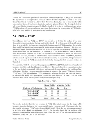 7-5 POS2 vs POS2* 47
To sum up, this section provided a comparison between POS1 and POS1(-) and illustrated
the importance of ﬁnding the best solution between the two algorithms as well as the addi-
tional time that is required to achieve that. As it was shown, this can be done in aﬀordable
computation times, at least according to the author’s opinion. Hence, the developed strategy
will be used in the comparison provided in Section 7-6. In order to avoid misinterpretation,
POS1 hereafter will correspond to the algorithm that returns the best solution of POS1 either
it includes only positive or also negative saving elements.
7-5 POS2 vs POS2*
The diﬀerence between POS2 and POS2* was described in Section 4-3 and as it was men-
tioned, the reinsertions in the Savings matrix (Section 4-1-2) is the reason of their diﬀerentia-
tion. In principle, by forcing reinsertions in the Savings matrix, POS2 examines the merging
that would lead to the maximum possible saving at each iteration. However, this does not
necessarily mean that the ﬁnal solution will be better than the one generated by POS2*, for
which reinsertions are not considered. In contrast to POS1, where POS1(-) uses as starting
point the solution provided by POS1, the reinsertions in POS2 occur while the solution is
calculated and thus, in order to select the best solution between POS2 and POS2*, the ﬁnal
solution of each algorithm needs to be calculated separately. In this section, the performance
of the two versions of POS2 are analyzed statistically through the test instances deﬁned in
Table 7-2.
To start with, Table 7-4 presents the comparison of POS2 and POS2*, in terms of number of
instances for which each algorithm performed better. The results have been summed according
to the use of single or multiple cable types and successively depending on the position of the
substation. The ﬁrst two rows show the number of instances for which POS2 outperformed
POS2* and POS2* outperformed POS2 respectively, whereas the third row gives the number
of instances for which both algorithms yielded the same solution. In total, 2240 and 1600
instances were tested for single and multiple cables respectively.
Table 7-4: POS2 vs POS2*.
Single Cable Multiple Cables
Position of Substation In Out In Out
POS2>POS2* 45 39 42 16
POS2<POS2* 143 89 26 13
POS2≡POS2* 932 992 732 771
Total 1120 1120 800 800
The results indicate that the two versions of POS2 diﬀerentiate more for the single cable
instances than the instances for which multiple cable types are used. Particularly, for the
single cable instances, POS2* outperformed POS2 in 10, 4% of the test instances compared
to 3, 8% for which POS2 outperformed POS2*. On the other hand, for the multiple cable
instances, POS2 yielded a better solution than POS2* for 3, 8% of the instances while POS2*
performed better for 2, 4% of the instances.
Master of Science Thesis Georgios Katsouris
 