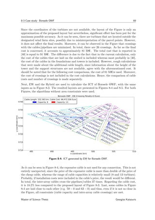 8-3 Case study: Borssele OWF 69
Since the coordinates of the turbines are not available, the layout of the Figure is only an
approximation of the proposed layout but nevertheless, signiﬁcant eﬀort has been put for the
maximum possible accuracy. As it can be seen, there are turbines that are located outside the
designated wind farm sites, possibly due to misinterpretation of the parcel points. However,
it does not aﬀect the ﬁnal results. Moreover, it can be observed in the Figure that crossings
with the cables/pipelines are minimized. In total, there are 26 crossings. As far as the ﬁnal
cost is concerned, it accounts to approximately 81 Me . The total cost that is reported in
[40] is equal to 91 Me . The diﬀerence is due to the fact that in the current calculation, only
the cost of the cables that are laid on the seabed is included whereas most probably in [40],
the cost of the cables in the foundations and towers is included. However, rough calculations
that were made about the additional cable length, since information about the height of the
tower and the support structures are not available, agree with the aforementioned cost. It
should be noted that for the following cost comparisons, the cost of 81 Me is used. Moreover,
the cost of crossings is not included in the cost calculations. Hence, the comparison of cable
costs and number of crossings is made separately.
Next, EW and the Hybrid are used to calculate the ICT of Borssele OWF, with the same
inputs as in Figure 8-3. The resulted layouts are presented in Figures 8-4 and 8-5. For both
Figures, the algorithms without area constraints were used.
485 490 495 500 505 510
x-coordinate (km)
5710
5715
5720
5725
5730
5735
5740
y-coordinate(km)
0
1 2 3
4
5 6
7 8
9
10 1112
13 14
15
16
1718
19
20
21
22 23
24
25 26 27
28
29
30 3132
33 34
35
36
37 38
39 4041
42 43
44 45 46 47
4849 50
51
5253
54 5556
57 58
59 60
61
62
63 6465
66
6768 69
70 71 72
73 74
75
76 77
78 7980
81 8283 84
85 8687
88 89 90
9192 93 94
95 96
97 9899 100
101102103
104
105
106107108
110109
111
112113114
115
116117118
0
119
120121122
123
124125
126
127128129
130
131132
133134
135136137
138
139140141
142
143144
145
146147
148149150
151152153
154155
156157
158
159160
161162163
164165
166167168
169170171
172173
174175176
177178179
180
181182183
184185186
187188189190
191
192193194
195196197198
199
200201
202203
204205206207
208209210
211212
213214215216
217
218219
220221222
223
224225226
227228229
230231232
233234
Borssele OWF - EW (Crossing Penalty=0 Euro)
Cable Length: 332.363 km, Cable Cost: 66,472,556 Euro
Capacity: 8 Capacity: 13
Cable Length: 332.363 km, Cable Cost: 66,472,556 Euro
Capacity: 8 Capacity: 13
Figure 8-4: ICT generated by EW for Borssele OWF.
As it can be seen in Figure 8-4, the expensive cable is not used for any connection. This is not
entirely unexpected, since the price of the expensive cable is more than double of the price of
the cheap cable, whereas the range of cable capacities is relatively small (8 and 13 turbines).
Probably, if installation costs were included in the cable’s price, the result would be diﬀerent.
In total, the inter-array cables cross the pipelines/cables 37 times. Regarding the cable cost,
it is 18.2% less compared to the proposed layout of Figure 8-3. Last, some cables in Figure
8-4 are laid close to each other (e.g. 59 − 0 and 63 − 0) and thus, even if it is not so clear in
the Figure, all constraints (cable capacity and inter-array cable crossings) are met.
Master of Science Thesis Georgios Katsouris
 