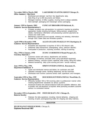 November 2001 to March, 2002 LAKESHORE STAFFING GROUP Chicago, IL.
Office Assistant / Mail Clerk
 Distributed and retrieved mail from five departments daily.
 Daily filing of up to 200 documents and folders.
 Managed inventory of office supplies, insuring stock is always available.
 Sent overnight packaging and messenger service packaging.
January 1999 to January, 2001 COMCAST BROADBANDOakbrook, IL.
Customer Service Representative II
 Provided excellent one call resolution to customer’s inquiries by providing
appropriate trouble shooting techniques, billing services, programming
details, maintenance information and processing customer payments via
checks and credit cards.
 Maintained customer account records, entering and retrieving information
through CSG, Cable Data and Windows systems.
April 1998 to December 1998 ALLSTATE LIFE INS-KELLYSVC Barrington, IL
Customer Service Representative
 Answered and responded to inquiries of 100 to 150 inbound calls.
 Performed daily transactions; (downgrading policy, premium refunds).
 Participated in production, improving activities, training & coaching.
May, 1996 to January, 1998 3COM / US ROBOTICS Mount Prospect, IL.
Inventory Associate I
 Customer service with various departments and vendors.
 Knowledge of inventory principles while using specialized equipment.
 Material shelving, carousel system, repetitive order pulling, filling IPO orders.
 Material transferring, daily cycle counting and semi - annual inventory.
June 1995 to May, 1996 SPRINT INTERNATIONAL. Rosemont, IL.
Department Assistance II
 Typed and distributed memos and letters, for customers and staff.
 Operated message center, handling telephones and fax machines.
 Distributed mail to entire customer service staff, supervisors and managers.
September 1993 to May, 1995 HOUSEHOLD INTERNATIONAL Wood Dale, IL.
Customer Service Representative.
 Efficiently handled 100 to 150 incoming calls in a professional manner while
meeting departmental standards via various systems.
 Assessed situation and utilized analytical skills and available reference data
to provide one call resolution to inquiries while promoting excellent customer
service in a consistent manner.
December 1991 to September, 1993 SWITCHCRAFT, INC. Chicago,IL.
Material Handler
 Oversaw the daily operations including; internal deliveries, shipping and
receiving of parts, picking/packing orders for shipping and daily inventory.
EDUCATION
HUGH MANLEYHIGH SCHOOL.Chicago,IL.
Diploma Received 1987
 