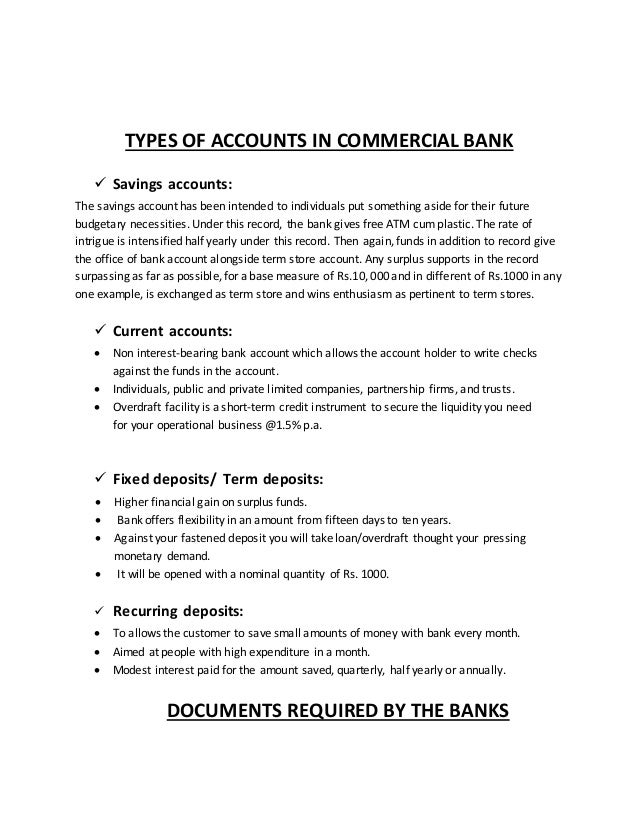 TYPES OF ACCOUNTS AND DOCUMENTS REQUIRED BY BANK