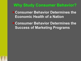 Why Study Consumer Behavior?
Consumer Behavior Determines the
Economic Health of a Nation
Consumer Behavior Determines the
Success of Marketing Programs
 