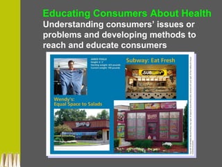 Understanding consumers’ issues or
problems and developing methods to
reach and educate consumers
Educating Consumers About Health
 