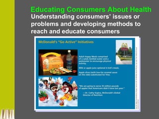 Understanding consumers’ issues or
problems and developing methods to
reach and educate consumers
Educating Consumers About Health
 