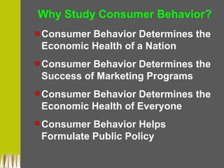 Why Study Consumer Behavior?
Consumer Behavior Determines the
Economic Health of a Nation
Consumer Behavior Determines the
Success of Marketing Programs
Consumer Behavior Determines the
Economic Health of Everyone
Consumer Behavior Helps
Formulate Public Policy
 
