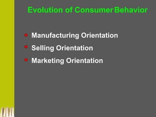 Manufacturing Orientation
Selling Orientation
Marketing Orientation
Evolution of ConsumerBehavior
 