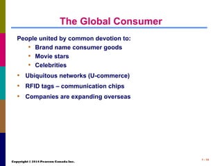 Copyright © 2014 Pearson Canada Inc.
1 - 14
The Global Consumer
People united by common devotion to:
• Brand name consumer goods
• Movie stars
• Celebrities
• Ubiquitous networks (U-commerce)
• RFID tags – communication chips
• Companies are expanding overseas
 