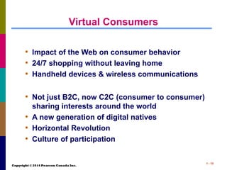 Copyright © 2014 Pearson Canada Inc.
1 - 15
Virtual Consumers
• Impact of the Web on consumer behavior
• 24/7 shopping without leaving home
• Handheld devices & wireless communications
• Not just B2C, now C2C (consumer to consumer)
sharing interests around the world
• A new generation of digital natives
• Horizontal Revolution
• Culture of participation
 