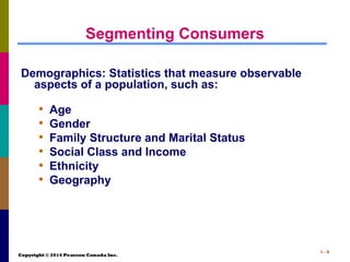 Copyright © 2014 Pearson Canada Inc.
1 - 9
Segmenting Consumers
Demographics: Statistics that measure observable
aspects of a population, such as:
• Age
• Gender
• Family Structure and Marital Status
• Social Class and Income
• Ethnicity
• Geography
 