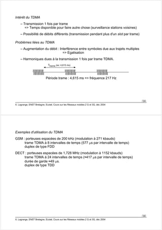 25 
Intérêt du TDMA 
– Transmission 1 fois par trame 
= Temps disponible pour faire autre chose (surveillance stations voisines) 
– Possibilité de débits différents (transmission pendant plus d'un slot par trame) 
Problèmes liées au TDMA 
– Augmentation du débit : Interférence entre symboles due aux trajets multiples 
= Egalisation 
– Harmoniques dues à la transmission 1 fois par trame TDMA. 
Ttrame (ex: 4,615 ms) 
Période trame : 4,615 ms = fréquence 217 Hz 
X. Lagrange, ENST Bretagne, Ecotel, Cours sur les Réseaux mobiles 2 G et 3G, déc 2004 
26 
Exemples d'utilisation du TDMA 
GSM : porteuses espacées de 200 kHz (modulation à 271 kbauds) 
trame TDMA à 8 intervalles de temps (577 μs par intervalle de temps) 
duplex de type FDD 
DECT : porteuses espacées de 1,728 MHz (modulation à 1152 kbauds) 
trame TDMA à 24 intervalles de temps (≈417 μs par intervalle de temps) 
durée de garde ≈49 μs. 
duplex de type TDD 
X. Lagrange, ENST Bretagne, Ecotel, Cours sur les Réseaux mobiles 2 G et 3G, déc 2004 
 