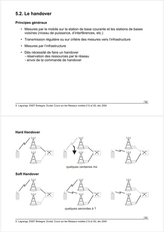 39 
5.2. Le handover 
Principes généraux 
• Mesures par le mobile sur la station de base courante et les stations de bases 
voisines (niveau de puissance, d’interférences, etc.) 
• Transmission régulière ou sur critère des mesures vers l’infrastructure 
• Mesures par l’infrastructure 
• Dès nécessité de faire un handover 
- réservation des ressources par le réseau 
- envoi de la commande de handover 
X. Lagrange, ENST Bretagne, Ecotel, Cours sur les Réseaux mobiles 2 G et 3G, déc 2004 
40 
Hard Handover 
quelques centaines ms 
Soft Handover 
quelques secondes à ? 
X. Lagrange, ENST Bretagne, Ecotel, Cours sur les Réseaux mobiles 2 G et 3G, déc 2004 
 