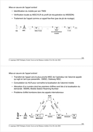 49 
Mise en oeuvre de l’appel sortant 
• Identification du mobile par son TMSI 
• Vérification locale au MSC/VLR du profil (et récupération du MSISDN) 
• Traitement de l’appel comme un appel fixe-fixe (pas de pb de routage) 
… … … 
MS BSS MSC/VLR MSC 
ou commutateur 
transit 
X. Lagrange, ENST Bretagne, Ecotel, Cours sur les Réseaux mobiles 2 G et 3G, déc 2004 
CAA 
50 
Mise en oeuvre de l’appel entrant 
• Transfert de l’appel vers le plus proche MSC de l’opérateur de l’abonné appelé 
qui agit en tant que passerelle : GMSC, Gateway MSC. 
• Consultation du HLR pour connaître la localisation de l’abonné mobile 
• Allocation d’un numéro dont les premiers chiffres sont liés à la localisation du 
demandé : MSRN, Mobile Station Roaming Number 
• Problème d’effet trombone dans les appels internationaux 
MS BSS MSC/VLR 
HLR 
2 
GMSC CAA 
5 
X. Lagrange, ENST Bretagne, Ecotel, Cours sur les Réseaux mobiles 2 G et 3G, déc 2004 
1 
3 
4 
7 
MSISDN 
IMSI 
MSRN 
MSISDN 
MSRN 
6 
TMSI MSRN 
 