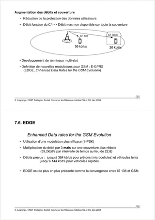 61 
Augmentation des débits et couverture 
• Réduction de la protection des données utilisateurs 
• Débit fonction du C/I = Débit max non disponible sur toute la couverture 
C/I fort C/I faible 
56 kbit/s 30 kbit/s 
• Développement de terminaux multi-slot 
• Définition de nouvelles modulations pour GSM : E-GPRS 
(EDGE, Enhanced Data Rates for the GSM Evolution) 
X. Lagrange, ENST Bretagne, Ecotel, Cours sur les Réseaux mobiles 2 G et 3G, déc 2004 
• Débits prévus : jusqu’à 384 kbit/s pour piétons (microcellules) et véhicules lents 
• EDGE est de plus en plus présenté comme la convergence entre IS 136 et GSM 
62 
7.6. EDGE 
Enhanced Data rates for the GSM Evolution 
• Utilisation d’une modulation plus efficace (8-PSK) 
• Multiplication du débit par 3 mais sur une couverture plus réduite 
(69,2kbit/s par intervalle de temps au lieu de 22,8) 
jusqu’à 144 kbit/s pour véhicules rapides 
X. Lagrange, ENST Bretagne, Ecotel, Cours sur les Réseaux mobiles 2 G et 3G, déc 2004 
 