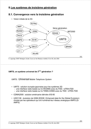 63 
8. Les systèmes de troisième génération 
8.1. Convergence vers la troisième génération 
• Vision initiale de la 3G 
TNAMCTS 
R2000 
TETRA 
GSM 
CT 0 DECT 
CT 1 
3ème génération 
EDGE 
UMTS 
WLAN 
X. Lagrange, ENST Bretagne, Ecotel, Cours sur les Réseaux mobiles 2 G et 3G, déc 2004 
BRAN 
TACS 
AMPS IS-95 
IMT2000 
64 
UMTS, un système universel de 3ème génération ? 
UMTS : Universal Mobile Telephone System 
• UMTS : solution européo-japonaise pour les systèmes 3G 
- une interface radio basée sur le WCDMA avec du FDD : UTRA-FDD 
- une interface radio basée sur le TDMA-CDMA avec du TDD : UTRA-TDD 
• CDMA2000 : solution américaine dérivée d’IS-95 
• UWC136 : évolution de GSM (EDGE, Enhanced data for the Global Evolution) 
choisie par les opérateurs qui ont numérisé leur réseau analogique AMPS (D-AMPS) 
X. Lagrange, ENST Bretagne, Ecotel, Cours sur les Réseaux mobiles 2 G et 3G, déc 2004 
 