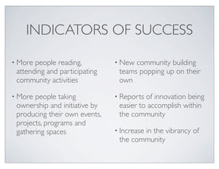 INDICATORS OF SUCCESS

• More people reading,         • New community building
 attending and participating    teams popping up on their
 community activities           own

• More people taking           • Reports of innovation being
 ownership and initiative by    easier to accomplish within
 producing their own events,    the community
 projects, programs and
 gathering spaces              • Increase
                                       in the vibrancy of
                                the community
 
