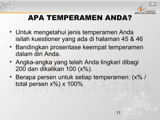 11
APA TEMPERAMEN ANDA?
• Untuk mengetahui jenis temperamen Anda
isilah kuestioner yang ada di halaman 45 & 46
• Bandingkan prosentase keempat temperamen
dalam diri Anda.
• Angka-angka yang telah Anda lingkari dibagi
200 dan dikalikan 100 (x%).
• Berapa persen untuk setiap temperamen: (x% /
total persen x%) x 100%
 