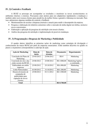 IV. 2) Controle e Feedback
A BUSZ se preocupa em acompanhar os resultados e monitorar os novos acontecimentos os
ambientes internos e externos. Precisamos estar atentos para nos adaptarmos rapidamente a mudanças e
também saber ouvir nossos clientes para atendê-los da melhor forma e garantir a liderança no mercado. Para
isso, adotaremos algumas medidas de controle e feedback:
• Monitoramento de receitas e despesas (mensais e anuais) para medir o desempenho da empresa.
• Pesquisa e elaboração de relatórios semestrais sobre o mercado de mídia digital em ônibus, inclusive
novos concorrentes.
• Elaboração e aplicação de pesquisas de satisfação com nossos clientes.
• Análise das pesquisas de satisfação e implementação de possíveis mudanças.
IV. 3) Programação e Despesas de Marketing e Publicidade
O quadro abaixo identifica as primeiras ações de marketing como estratégia de divulgação e
conhecimento da marca BUSZ por parte de empresas anunciantes. Estão também descritos no quadro os
prazos e orçamentos correspondentes a cada tipo de ação.
Ação de Marketing Data de
início
Data de
término
Orçamento Departamento
Conclusão do Plano de
Marketing
25/05/2012 25/06/2012 R$ 0 Marketing
Conclusão do site e das
redes sociais da BUSZ
25/06/2012 25/08/2012 R$ 3.000,00 Marketing/Agênci
a contratada
Publicidade em mídia
impressa
25/08/2012 25/10/2012 R$1.000,00 Marketing
Links Patrocinados 01/09/2012 31/10/2012 R$1.200,00 Marketing
Desenvolvimento de
campanha de
publicidade para
captação de novos
clientes
25/08/2012 01/11/2012 R$ 3.500,00 Marketing
Total R$ 8.700,00
9
 