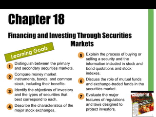 Chapter 18 Financing and Investing Through Securities  Markets Learning Goals Distinguish between the primary and secondary securities markets. Compare money market instruments, bonds, and common stock, including their benefits. Identify the objectives of investors and the types of securities that best correspond to each. Describe the characteristics of the major stock exchanges. Explain the process of buying or selling a security and the information included in stock and bond quotations and stock indexes. Discuss the role of mutual funds and exchange-traded funds in the securities market. Evaluate the major  features of regulations  and laws designed to  protect investors. 1 2 3 4 5 6 7 