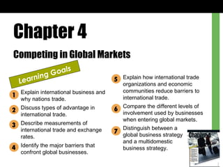 Chapter 4 Competing in Global Markets Learning Goals Explain international business and why nations trade. Discuss types of advantage in international trade. Describe measurements of international trade and exchange rates. Identify the major barriers that confront global businesses. Explain how international trade organizations and economic communities reduce barriers to international trade. Compare the different levels of involvement used by businesses when entering global markets. Distinguish between a  global business strategy  and a multidomestic  business strategy. 1 2 3 4 5 6 7 