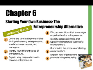 Chapter 6 Starting Your Own Business: The  Entrepreneurship Alternative Learning Goals Define the term  entrepreneur  and distinguish among entrepreneurs, small-business owners, and managers. Identify four different types of entrepreneurs. Explain why people choose to become entrepreneurs. Discuss conditions that encourage opportunities for entrepreneurs. Identify personality traits that typically characterize successful entrepreneurs. Summarize the process of starting a new venture. Explain how organizations promote intrapreneurship. 1 2 3 5 6 7 4 