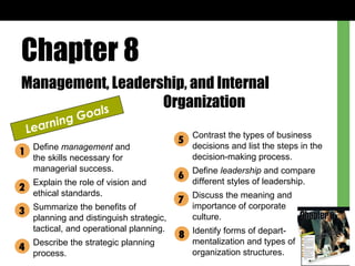 Chapter 8 Management, Leadership, and Internal  Organization Learning Goals Define  management  and  the skills necessary for managerial success. Explain the role of vision and ethical standards. Summarize the benefits of planning and distinguish strategic, tactical, and operational planning. Describe the strategic planning process. Contrast the types of business decisions and list the steps in the decision-making process. Define  leadership  and compare different styles of leadership. Discuss the meaning and importance of corporate  culture. Identify forms of depart- mentalization and types of  organization structures. 1 2 3 5 6 7 4 8 