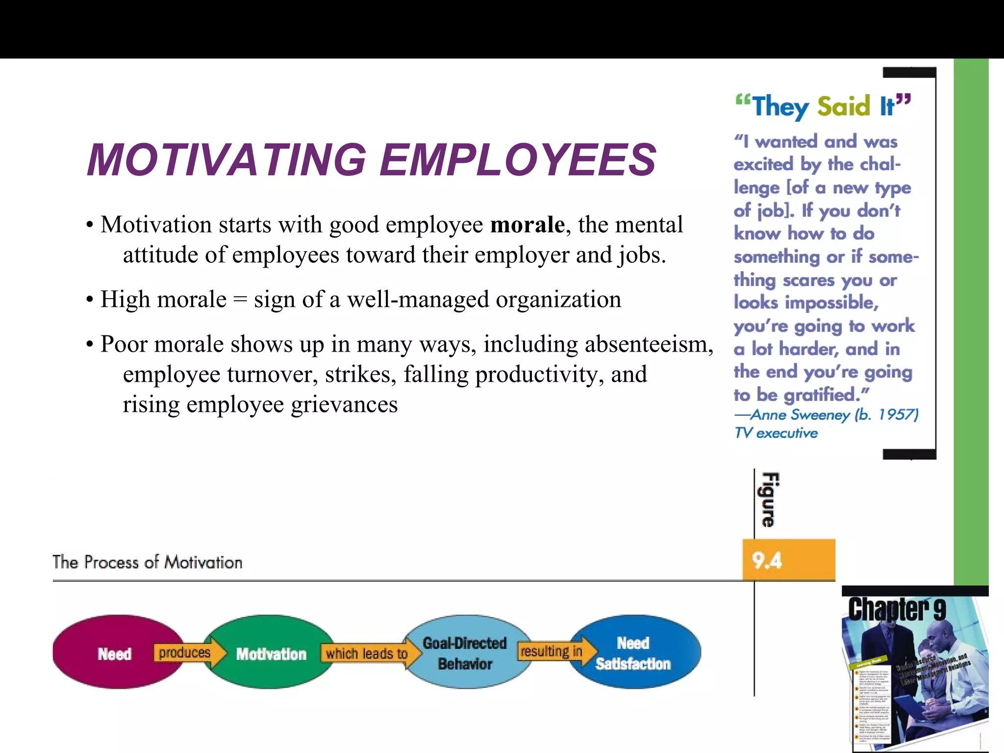 MOTIVATING EMPLOYEES •  Motivation starts with good employee  morale , the mental  attitude of employees toward their employer and jobs. •  High morale = sign of a well-managed organization •  Poor morale shows up in many ways, including absenteeism,  employee turnover, strikes, falling productivity, and  rising employee grievances 