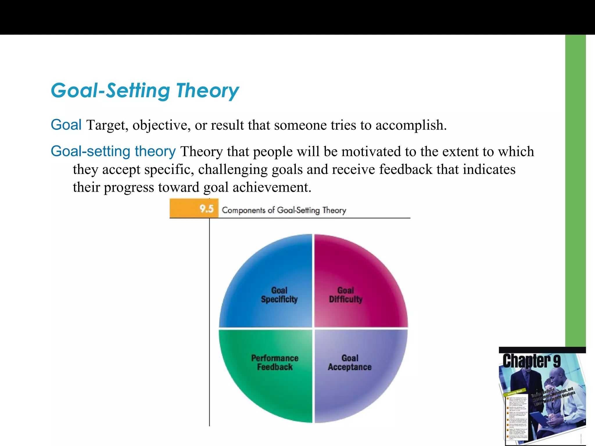 Goal-Setting Theory Goal   Target, objective, or result that someone tries to accomplish. Goal-setting theory   Theory that people will be motivated to the extent to which they accept specific, challenging goals and receive feedback that indicates their progress toward goal achievement. 