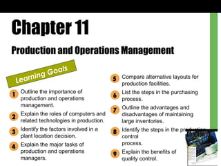 Chapter 11 Production and Operations Management Learning Goals Outline the importance of production and operations management. Explain the roles of computers and related technologies in production. Identify the factors involved in a plant location decision. Explain the major tasks of production and operations managers. Compare alternative layouts for production facilities. List the steps in the purchasing process. Outline the advantages and disadvantages of maintaining large inventories. Identify the steps in the production control  process. Explain the benefits of  quality control. 1 2 3 4 5 6 7 8 9 