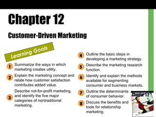 Chapter 12 Customer-Driven Marketing Learning Goals Summarize the ways in which marketing creates utility. Explain the marketing concept and relate how customer satisfaction contributes added value. Describe not-for-profit marketing, and identify the five major categories of nontraditional marketing. Outline the basic steps in developing a marketing strategy. Describe the marketing research function. Identify and explain the methods available for segmenting consumer and business markets. Outline the determinants  of consumer behavior. Discuss the benefits and  tools for relationship  marketing. 1 2 3 4 5 6 7 8 
