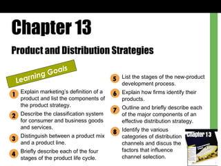 Chapter 13 Product and Distribution Strategies Learning Goals Explain marketing’s definition of a product and list the components of the product strategy. Describe the classification system for consumer and business goods and services. Distinguish between a product mix and a product line. Briefly describe each of the four stages of the product life cycle. List the stages of the new-product development process. Explain how firms identify their products. Outline and briefly describe each of the major components of an effective distribution strategy. Identify the various  categories of distribution  channels and discus the  factors that influence  channel selection. 1 2 3 4 5 6 7 8 