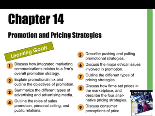 Chapter 14 Promotion and Pricing Strategies Learning Goals Discuss how integrated marketing communications relates to a firm’s overall promotion strategy. Explain promotional mix and outline the objectives of promotion. Summarize the different types of advertising and advertising media. Outline the roles of sales promotion, personal selling, and public relations. Describe pushing and pulling promotional strategies. Discuss the major ethical issues involved in promotion. Outline the different types of pricing strategies. Discuss how firms set prices in the marketplace, and  describe the four alter- native pricing strategies. Discuss consumer  perceptions of price. 1 2 3 4 5 6 7 8 9 
