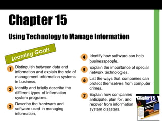 Chapter 15 Using Technology to Manage Information Learning Goals Distinguish between data and information and explain the role of management information systems in business. Identify and briefly describe the different types of information system programs. Describe the hardware and software used in managing information. Identify how software can help businesspeople. Explain the importance of special network technologies. List the ways that companies can protect themselves from computer crimes. Explain how companies anticipate, plan for, and  recover from information  system disasters. 1 2 3 4 5 6 7 