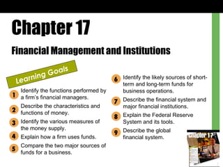 Chapter 17 Financial Management and Institutions Learning Goals Identify the functions performed by a firm’s financial managers. Describe the characteristics and functions of money. Identify the various measures of the money supply. Explain how a firm uses funds. Compare the two major sources of funds for a business. Identify the likely sources of short-term and long-term funds for business operations. Describe the financial system and major financial institutions. Explain the Federal Reserve System and its tools. Describe the global  financial system. 1 2 3 4 5 6 7 8 9 