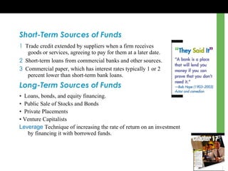 Short-Term Sources of Funds 1  Trade credit extended by suppliers when a firm receives  goods or services, agreeing to pay for them at a later date.  2  Short-term loans from commercial banks and other sources. 3  Commercial paper, which has interest rates typically 1 or 2  percent lower than short-term bank loans. Long-Term Sources of Funds •  Loans, bonds, and equity financing. •  Public Sale of Stocks and Bonds •  Private Placements •  Venture Capitalists Leverage  Technique of increasing the rate of return on an investment  by financing it with borrowed funds. 