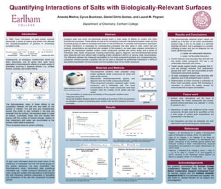 Ananda Mishra, Cyrus Buckman, Daniel Chris Gomes, and Laurel M. Pegram
Department of Chemistry, Earlham College
Quantifying Interactions of Salts with Biologically-Relevant Surfaces
Inorganic salts and small non-electrolyte solutes exert a wide range of effects on protein and other
biomolecular processes. These effects are due to the competing molecular interactions between water and the
functional groups on salts or osmolytes and those on the biomolecule. A complete thermodynamic description
of these interactions is necessary for understanding processes that take place in cells, where salt and
cosolute concentrations are significant and variable. In this research, we used vapor pressure osmometry to
quantify the interactions between protein model compounds (amides and amino acids) and a series of
Hofmeister salts. Model compounds, including malonamide, glycine, diglycine, and N,N-dimethylmalonamide
were dissolved with and without salts (including protein denaturant GuHCl) at varying molal concentrations.
The difference between the measured osmolalities for the three-component solutions and corresponding two-
component solutions provide a quantity that can be used to interpret the preferential interactions in terms of
salt partitioning between the bulk solution and the hydration layer of the model compound.
Abstract
In 1888, Franz Hofmeister, an early protein scientist
discovered a series of cations and anions that affected
the solubility/precipitation of proteins in remarkably
consistent order.
Subsequently, an analogous nonelectrolyte series has
been discovered, and all series have been found
applicable to thermodynamic effects on a wide variety of
processes occurring in aqueous solution, e.g. surface
tension, solubility, and protein folding.
The thermodynamic origin of these effects is the
competition between the salt ions and water for the
surface of interest. The salt ions and nonelectrolyte
solutes that prefer to stay hydrated in the bulk are
excluded from the surface; this exclusion leads to burial
of surface. Conversely, those ions and solutes that
interact with the surface of interest strongly, relative to
their interactions with water, are accumulated at the
surface, which leads to exposure.
This is illustrated below for protein unfolding.
Introduction
Materials and Methods
Results and Conclusions
 The osmometrically obtained ΔOsm values are
plotted as a function of the molal concentration
product (Figs. 3 and 4); the slope is a chemical
potential derivative that is analogous to a protein
unfolding m-value and can be analyzed via the
solute partitioning model.
(+) slope: net unfavorable interaction
(-) slope: net favorable interaction
 GuHCl interacts more favorably than KCl with the
two amide model compounds. KCl has a net
unfavorable interaction with dmma.
 These results support earlier proposals that K+
ions are strongly excluded from hydrocarbon
groups and GuH+ ions are accumulated at both
hydrocarbon and amide surfaces.
 All salts investigated interact most favorably with
diglycine, due to the charged N and C termini.
 Determination of ΔOsm involves a subtraction of
three small osmolality values. KCl bracketing is
necessary to reduce the scatter caused by
instrumental drift at higher osmolalities.
References
Pegram, L. M. and Record, M. T. (2008). Thermodynamic
origin of Hofmeister ion effects. JPCB, 112, 9428-9436.
Capp, M. W.; Pegram, L. M.; Saecker, R. M.; Kratz, M.;
Riccardi, D.; Wendorff, T.; Cannon, J. G.; and Record, M. T.
(2009). Interactions of the osmolyte glycine betaine with
molecular surfaces in water: Thermodynamics, structural
interpretation, and prediction of m-values. Biochemistry, 48,
10372-10379.
Paterova, J.; Rembert, K. B.; Heyda, J.; Kurra, Y.; Okur, H.
I.; Liu, W. R.; Hilty, C.; Cremer, P. S.; and Jungwirth, P.
(2013). Reversal of the Hofmeister series: Specific ion
effects on peptides. JPCB, 117, 8150-8158.
Acknowledgements
We gratefully acknowledge the Earlham College
Collaborative Research Fund and the Gerald
Bakker Collaborative Research Endowment Fund
for summer support and the Caldwell Scientific
Equipment Fund for the instrument and supplies. We
also thank Dr. Demian Riccardi for his support and
encouragement.
Fig 2. Determination of DOsm: Osmolality of two-component and three-
component solutions plotted against molal GuHCl concentration.
Fig 1. Graph of deviations in osmolality values based on KCl bracketing
Vapor pressure osmometer
http://www.elitechgroup.com/
Future work
 Surface area calculations will be done to
decompose the model compounds into course-
grained surface area types (e.g. aliphatic C, amide
O, amide N, etc.).
 Interactions of salts with additional amide model
compounds will also need to be quantified so that
a wide range of surface area compositions are
represented in the data set.
 Net interactions can then be dissected into both
cation/anion and functional group contributions.
5
Solubilizing Precipitating
6
accumulation
surface area exposure
exclusion
surface area burial
7
urea
GuH
+
SCN
-
ClO4
-
malonamide
dimethylmalonamide
• Two-component solutions were prepared using
protein backbone model compounds as solute and
water as the solvent.
• Malonamide, dimethylmalonamide, glycine, and
diglycine were the model compounds selected.
• Three-component solutions contained water, model
compound, and a Hofmeister salt. The molal
concentrations of the model compounds were kept
constant while the molality of the added salt was
varied.
Results
Fig 3: Experimental data quantifying the interactions of GuHCl or KCl
with malonamide or dimethylmalonamide
Fig 4: Experimental data quantifying the interactions of KCl, GuH2SO4,
or GuHCl with the dipeptide glycylglycine.
• The osmolalities (a measure of nonideality) of the prepared solutions were
measured using VPO.
• Using the available literature data for osmolality as a function of KCl concentration,
we adopted a system of bracketing each solution with two KCl solutions of known
osmolality.
To gain more information about the exact nature of the
interaction of Hofmeister ions with the amide groups on
the protein backbone, we have undertaken this
thermodynamic study. Osmometric data quantifying
Hofmeister salt - model compound interactions can be
used, along with surface area calculations to decompose
the total interaction (whether unfavorable or favorable)
into interactions of the salt with component functional
groups.
glycine
 