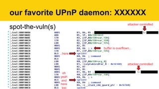 spot-the-vuln(s)
our favorite UPnP daemon: XXXXXX
...here
oh
yeah
and
here
too
buffer is overflown...
attacker controlled
attacker controlled
 