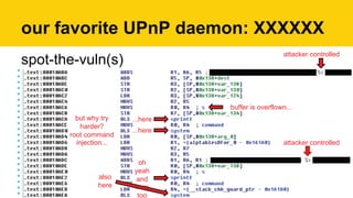 spot-the-vuln(s)
our favorite UPnP daemon: XXXXXX
...here
oh
yeah
and
here
too
but why try
harder?
root command
injection...
...here
also
here
buffer is overflown...
attacker controlled
attacker controlled
 