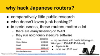 why hack Japanese routers?
●  comparatively little public research
●  who doesn’t loves junk hacking?*
●  in seriousness, these routers matter a lot
o  there are many listening on WAN
o  they run notoriously insecure software
* the answer is Dave Aitel: https://lists.immunityinc.com/pipermail/dailydave/2014-September/000746.html
← top countries with hosts listening on
WAN port 1900 (UPnP default).
●  Japan is #4
●  more on UPnP later
 