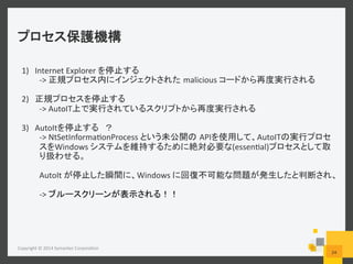  
Copyright	
  ©	
  2014	
  Symantec	
  Corpora6on	
  
24	
  
1)  Internet	
  Explorer	
   	
  
-­‐>	
   malicious	
   	
  
2)  	
  
-­‐>	
  AutoIT 	
  
3)  AutoIt 	
  
-­‐>	
  NtSetInforma6onProcess	
   API AutoIT
Windows	
   (essen6al)
	
  
AutoIt	
   Windows	
   	
  
-­‐>	
   	
  
 