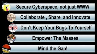 Secure Cyberspace, not just
WWW
Collaborate , Share and
Innovate
Don’t Keep Your Bugs To
Yourself
Empower The Masses
Mind the Gap!
 