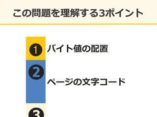 ➊➊	
  バイト値の配置	
  
❷ページの⽂文字コード	
  
 