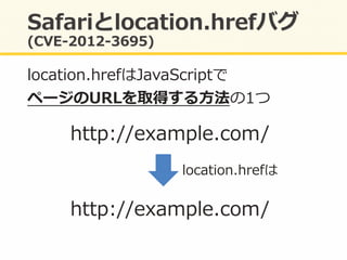 location.hrefはJavaScriptで	
  
ページのURLを取得する⽅方法の1つ	
  
http://example.com/	
  
http://example.com/	
  
location.hrefは	
  
 