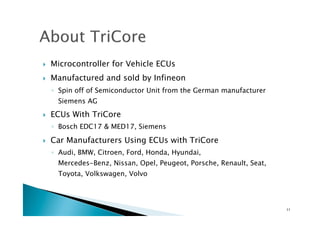 !  Microcontroller for Vehicle ECUs
!  Manufactured and sold by Infineon
◦  Spin off of Semiconductor Unit from the German manufacturer
Siemens AG
!  ECUs With TriCore
◦  Bosch EDC17 & MED17, Siemens
!  Car Manufacturers Using ECUs with TriCore
◦  Audi, BMW, Citroen, Ford, Honda, Hyundai, 
Mercedes-Benz, Nissan, Opel, Peugeot, Porsche, Renault, Seat,
Toyota, Volkswagen, Volvo
11	
 