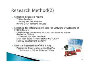 !  Searched Research Papers
◦  TriCore Emulator
!  Porting TriCore to QEMU
◦  Porting Linux Kernel to TriCore
!  Searched for Information/Tools for Software Developers of
ECU Software
◦  Development Environment TASKING VX-toolset for TriCore
(Evaluation Edition)
!  Compiler, IDE with simulator
◦  Evaluation Board Infineon Starter Kit TC1797
◦  FlexECU development platform
!  Reverse Engineering of the Binary
◦  Possible to Disassemble using IDA Pro
!  File Format is ELF for Siemens TriCore
14	
 