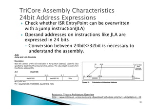!  Check whether ISR EntryPoint can be overwritten
with a jump instruction(JLA)
!  Operand addresses on instructions like JLA are
expressed in 24 bits
◦  Conversion between 24bit⇔32bit is necessary to
understand the assembly.
Resource: Tricore Architeture Overview
http://www.infineon-ecosystem.org/download/schedule.php?act=detail&item=44	
53	
 